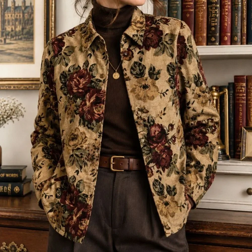 Vintage 1990s Lemon Grass Floral Tapestry Jacket S Cottagecore Dark Academia Y2K